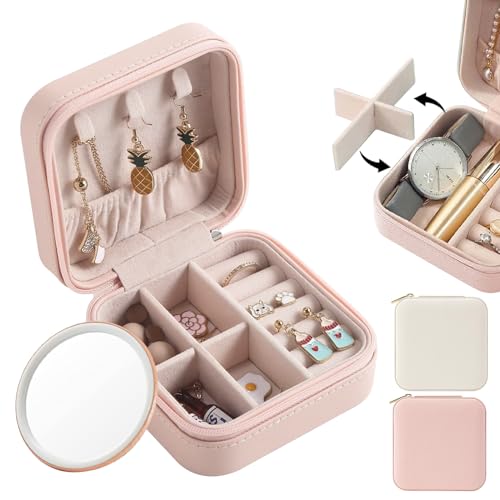 TAIHOBO PU Leder Schmuckkästchen Klein, Wasserdichte Reise Schmuckkästchen, Staubdichte Schmuckaufbewahrung Reise, Tragbare Schmuckschatulle, Jewelry Box mit Reißverschluss für Ringe Ohrringe (Rosa) von TAIHOBO