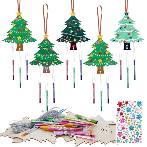 TAIKOUL 10 PCS Windspiel Bastelset Kinder Weihnachten Diamond Painting Windspiele Doppelseitig Weihnachten Holzanhänger Weihnachten von TAIKOUL