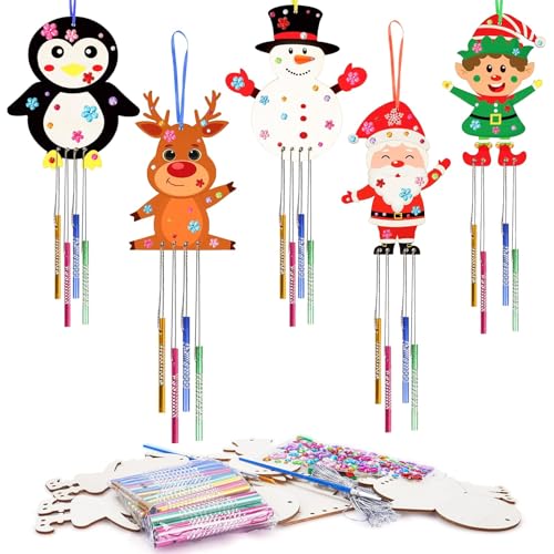 TAIKOUL 10PCS Windspiel Bastelset Kinder Weihnachten Diamond Painting Windspiele Doppelseitig Weihnachten Holzanhänger Weihnachten von TAIKOUL