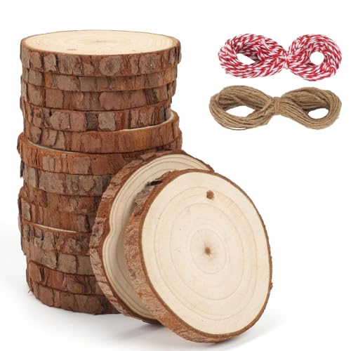 TAIKOUL 15PCS Holzscheiben 6-7cm Holzscheiben zum Basteln Baumscheiben Rund Baumstamm Scheiben Holzscheibe 8mm Dick Ungebohrte Holzkreise mit Loch Baumscheibe mit 2PCS Schnur für Weihnachtsdeko DIY von TAIKOUL