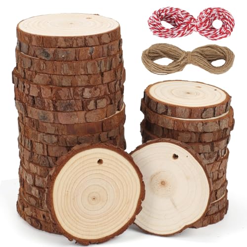 TAIKOUL 30PCS Holzscheiben 6-7cm Holzscheiben zum Basteln Baumscheiben Rund Baumstamm Scheiben Holzscheibe 8mm Dick Ungebohrte Holzkreise mit Loch Baumscheibe mit 2PCS Schnur für Weihnachtsdeko DIY von TAIKOUL