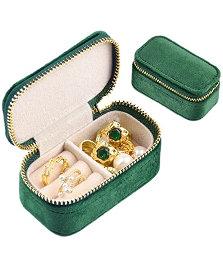 TAIMY Reise-Schmucketui, Mini-Schmuck-Reiseetui, Samt, kleine Reise-Schmuckschatulle, tragbare Schmuck-Reise-Organizer-Box für Ringe, Ohrringe, Halsketten (Smaragdgrün) von TAIMY