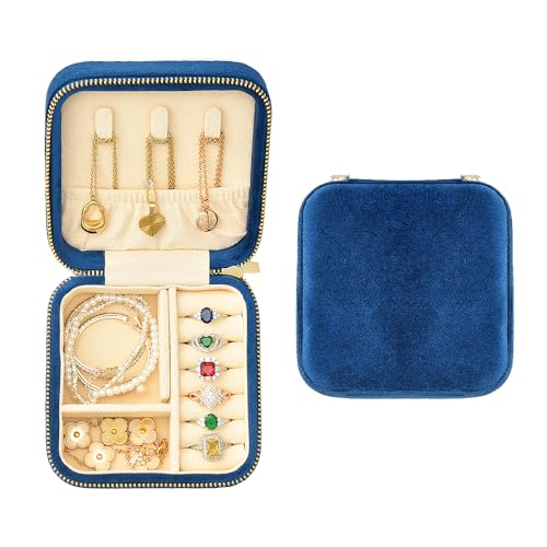 TAIMY Reise-Schmuckkästchen aus Plüschsamt, kleine Reise-Schmuckschatulle, tragbarer Mini-Schmuck-Organizer für Ringe, Ohrringe, Halsketten, Armbänder (Marineblau, kein Spiegel) von TAIMY