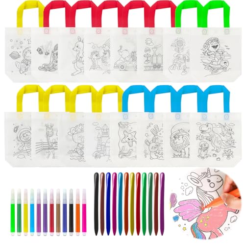 16 Stück Stoffbeutel zum Bemalen, DIY Kinder Stoffbeutel Set mit 12 Farbe Wachsmalstifte, 12 Farbe Aquarellstift, Taschen zum Bemalen für Kinder Geburtstagsfeier Geschenke Schulen Kindergarten von TAIXING