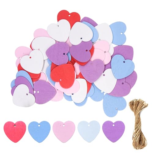 TAIYOU 50 Stück Buntes Herz Holzstück mit Schnur Holzherz Anhänger DIY Handmade Dekoration Holzherz Hängendes dekoratives Holzherz 4CM Herz Holzstücke Weiß Rot Blau Lila Rosa von TAIYOU