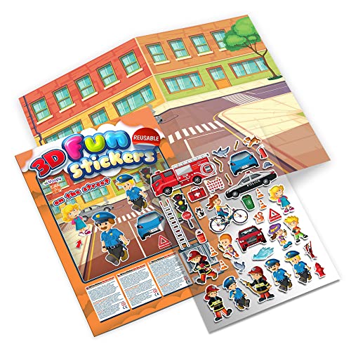 3D Aufkleber für Kinder - Auf der Strasse, Doppelseitigen Hintergrund + 38 Stück, Wiederverwendbare und Wasserfester 3D Sticker Set for Kids - TakTik von TAKTIK