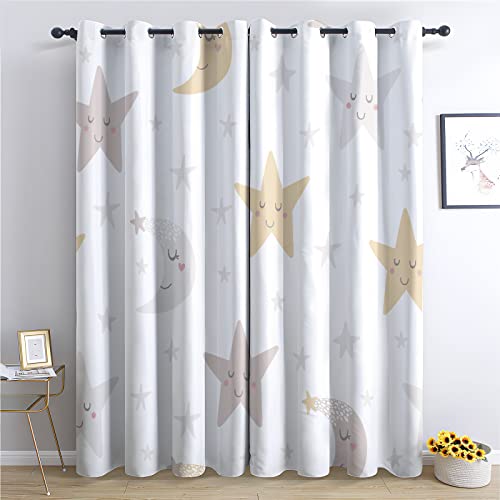 TAKUAN Stern Vorhänge Mond Muster Verdunklungsvorhänge, Vorhang Blickdicht mit Ösen Gardinen Wohnzimmer Schlafzimmer Kinderzimmer Dekoration 2er Set-200 x 140 cm (H X B) von TAKUAN