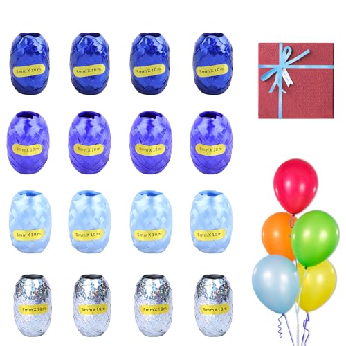 TAKUZA Ringelband Geschenkband Blau Silber,16 Rollen Geschenkband Set,Geschenkband 5mm Breit,Schleifenband Geschenkbänder Rolle Bunt,Ballonband Weihnachten,Hochzeit, Geschenkverpackung,Luftballon Deko von TAKUZA