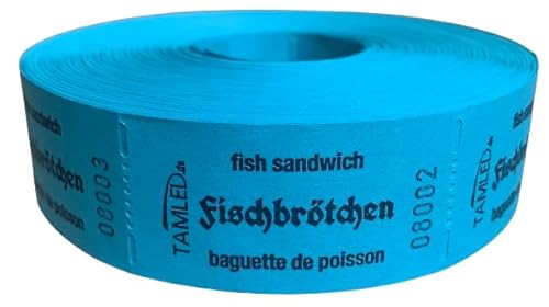 TAMLED Bonrolle Fischbrötchen blau dreisprachig 1000 Abrisse perforiert fortlaufend nummeriert Gastro Festival Speisen Verpflegung Events Veranstaltung Volksfest Verein Wertmarke Essen Jahrmarkt von TAMLED