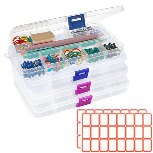 TANCUDER 4 Stück Sortierboxen, Plastik Aufbewahrungsbox, Sortimentskasten mit Deckel, Sortierbox mit 15 Fächern, Transparenter Schmuck Organizer Box mit 4 Blatt Etikett für Ohrringe, Halsketten, Ringe von TANCUDER