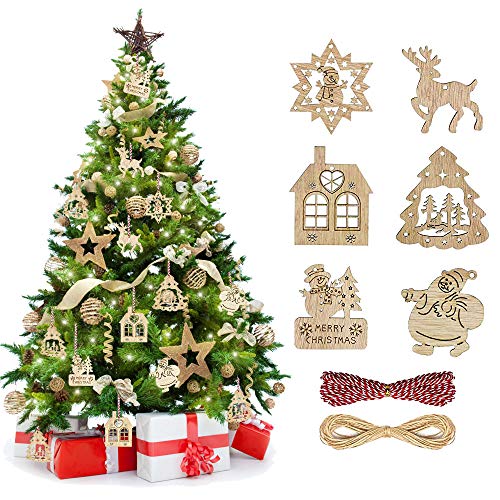 TANCUDER 60 Stück Weihnachtsbaum Hängende Ornamente Holz zum Bemalen Weihnachten Holz Christbaumschmuck Set Weihnachtsbaum Anhänger mit 2 Seile für Geschenkanhänger, Weinachtsbaum, Kalender von TANCUDER