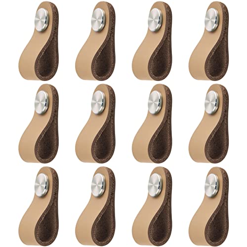 Ledergriffe Hellbraun,Möbelgriffe Leder Ledergriff für Möbel,Einzelloch,18mm Edelstahl Metallkopf Lederschlaufe Schrankgriffe,12 Pack Handgemachte Schubladengriffe Einfarbige Schrankknauf Türgriffe von TANGCHEN SHOP