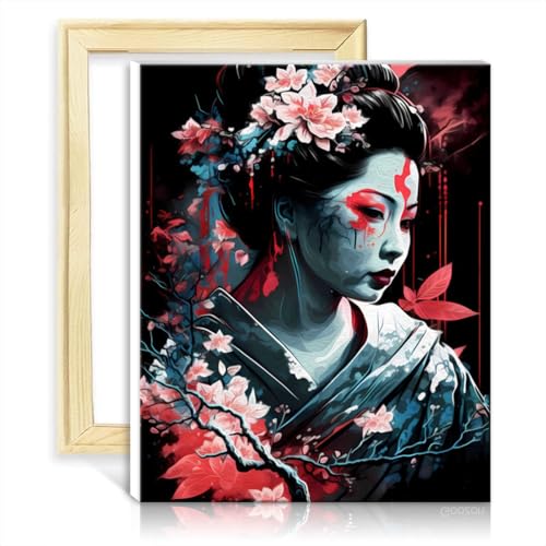 TANGFEIY Canvas Oil Painting Kit Geisha Neon Cherry Blossom Paint by Numbers Crafts Adults Kids with Brushes and Acrylic Pigment Artwork Adult Paint NO Frame(60x75cm) von TANGFEIY