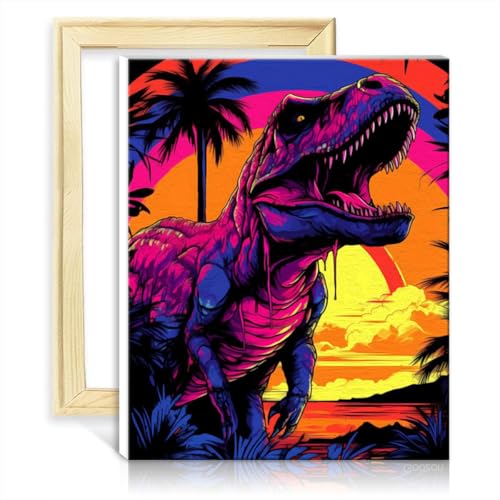 TANGFEIY Gemälde auf Leinwand, T-Rex-Sonnenuntergang, Malen nach Zahlen für Erwachsene und Kinder, mit 3 Pinseln und Acrylfarben, Bild, Geschenke, DIY-Rahmen (40 x 50 cm) von TANGFEIY