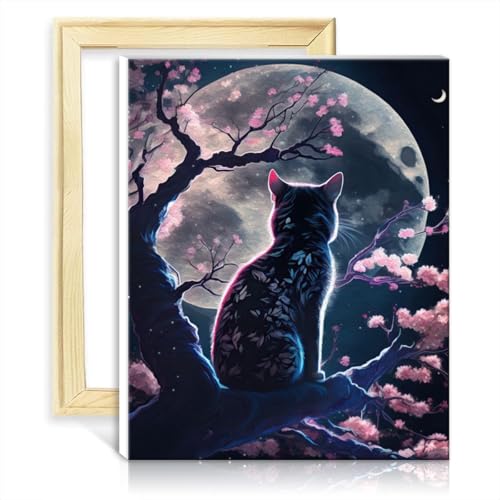 TANGFEIY Malen-nach-Zahlen-Pinsel-Set, Katze, Kirschblüte, Japan, Malen-nach-Zahlen-Set für Erwachsene auf Leinwand, Acrylzahlen mit Pinseln, Wandkunst, lebendiger DIY-Rahmen (40 x 50 cm) von TANGFEIY