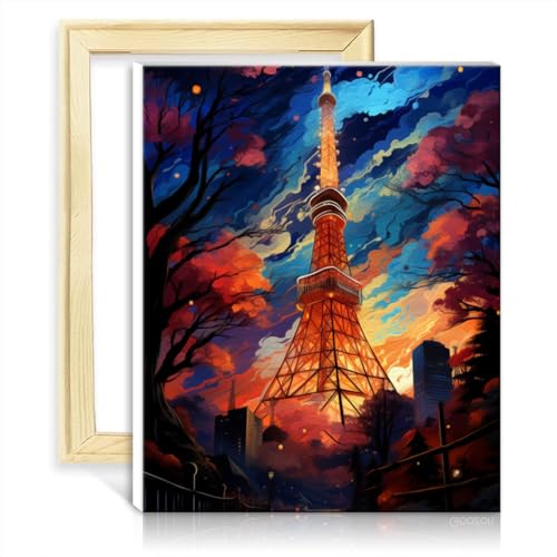 TANGFEIY Malen nach Zahlen-Set „Der Tokyo Tower“, Ölgemälde nach Zahlen zum Selbermachen, Leinwandhandwerk mit 3 Pinseln und Acrylfarben für die Wanddekoration zu Hause, ohne Rahmen (60 x 75 cm) von TANGFEIY