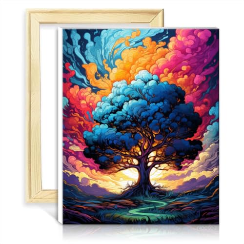 TANGFEIY Malen-nach-Zahlen-Set „Der einsame Baum“, DIY-Malen-nach-Zahlen-Set für Erwachsene und Anfänger, mit 3 Pinseln und Acrylfarben für Eltern-Kind-Zeit, mit Rahmen (40 x 50 cm) von TANGFEIY