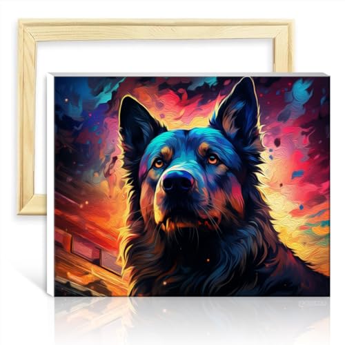 TANGFEIY Ölgemälde-Set auf Leinwand, Deutscher Schäferhund, Farbe auf Leinwand, Gemälde für Erwachsene, mit 3 Pinseln und Acrylfarben, Kunstbild für die Heimdekoration, mit Rahmen (30 x 40 cm) von TANGFEIY