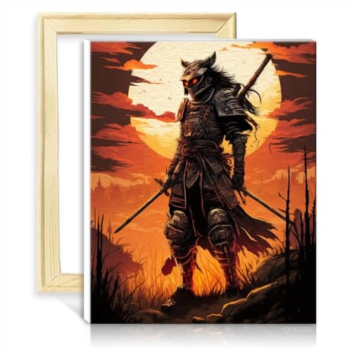 TANGFEIY Ölgemälde-Set auf Leinwand, Samurai im Sonnenuntergang, DIY-Malen nach Zahlen mit 3 Pinseln und Acrylfarben, Zahlenmalerei, Anti-Stress-Spielzeug, ohne Rahmen (40 x 50 cm) von TANGFEIY