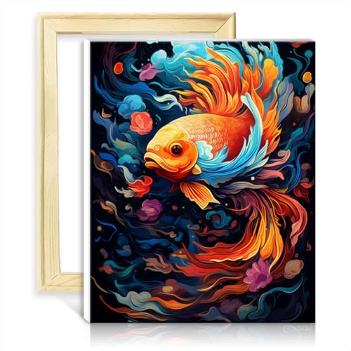 TANGFEIY Ölgemälde-Set für Kinder und Erwachsene mit Goldfisch-Motiv auf Leinwand, mit 3 Pinseln und Acrylfarben, Bilder für die Wanddekoration zu Hause, Geschenke mit Rahmen (30 x 40 cm) von TANGFEIY