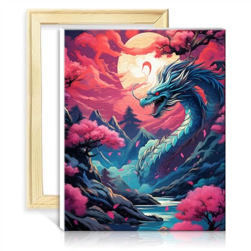 TANGFEIY Ölgemälde auf Leinwand, Sakura-Drache, Mondlicht, Ölgemälde-Set für Erwachsene und Anfänger mit Pinseln und Acrylpigmenten auf Leinwand, Malerei, Kunsthandwerk, mit Rahmen (40 x 50 cm) von TANGFEIY