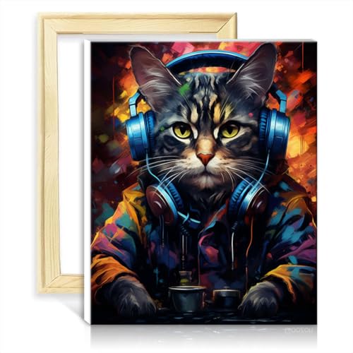 TANGFEIY Ölgemälde-nach-Zahlen-Sets „Die DJ-Katze“, Malen nach Zahlen-Sets für Erwachsene mit Pinseln und Acrylpigmenten, Bild für die Heimdekoration, ohne Rahmen (60 x 75 cm) von TANGFEIY