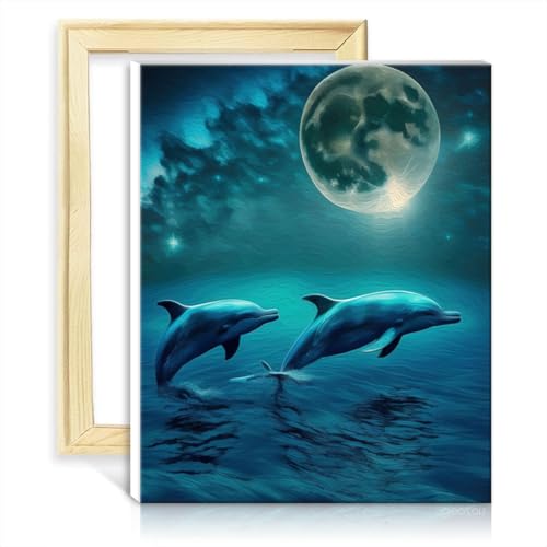 TANGFEIY auf Leinwand Malerei Delphin Leinwand DIY digitales Ölgemälde mit 3 Pinseln und Acrylfarben für Schlafzimmer Wohnzimmer Dekor mit Rahmen (40x50cm) von TANGFEIY