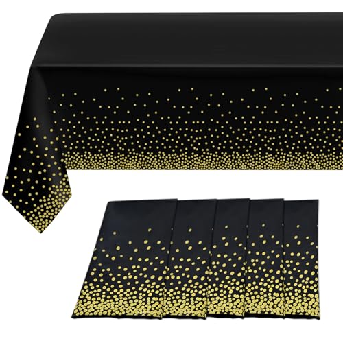 5 Stück Einweg-Tischdecken, Schwarz und Gold Party Tischdecke, Rechteckiger Schwarz Gold Dot Confetti Geburtstag Tischdecke for Birthday, Anniversary, Cocktail Party, Bridal Shower, 137 cm x 274 cm von TANGHSE