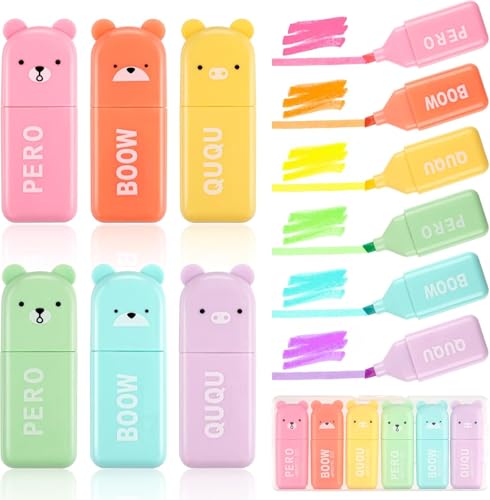 TANGHSE 12 Stück Mini Textmarker für Kinder, Niedlich Cartoon Bär Textmarker Set, Aesthetic Marker Stifte Textmarker Set für Kinder Erwachsene Zeichnung oder Hervorheben, 6 Stile von TANGHSE