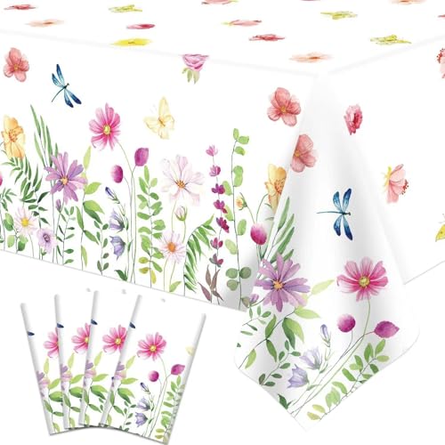 TANGHSE 4 Pack Summer Floral Tablecloth Flowers Table Cloth, Spring Summer Floral Table Cloth Flower Party Flower Party Decorations for Flower Theme Birthday, Wedding, Baby Shower, 130x220cm von TANGHSE