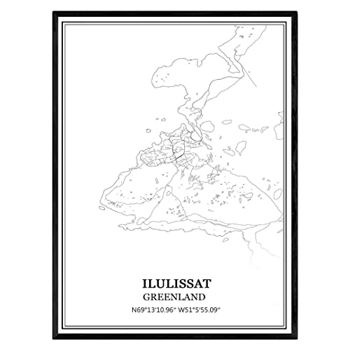 TANOKCRS Ilulissat Grönland Karte Wandkunst Leinwand drucken Poster Artwork ungerahmt moderne Schwarz-Weiß-Karte Souvenir Geschenk Home Decor 41x51 cm von TANOKCRS