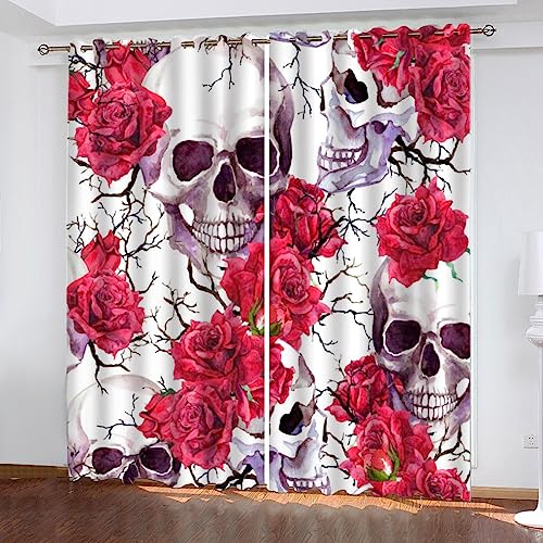 TAOLU Vorhänge 3D Wohnzimmer Blickdicht Gardinen Skelett Verdunkelungsvorhang Kinderzimmer Thermovorhang Rose Totenkopf Fensterdekoration Polyester Vorhänge für Schlafzimmer 200x214 von TAOLU