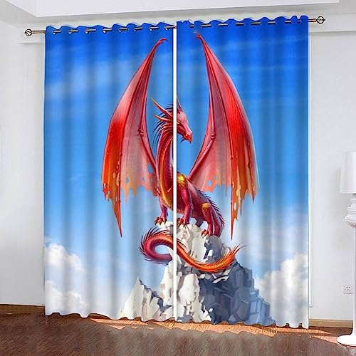 TAOLU Vorhänge Kinderzimmer140x160cm Cartoon-Drache Verdunkelungsvorhang 3D Gardinen mit Ösen Wärmegedämmt Tierisch Rot Vorhang Für Jungen Mädchen Kinder Schlafzimmer Spielzimmer von TAOLU