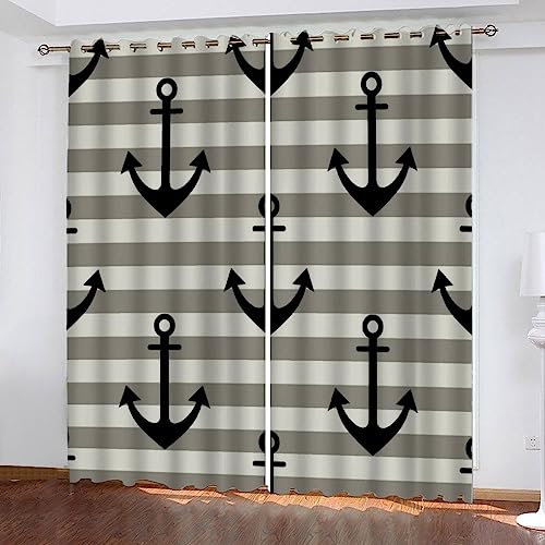 TAOLU Vorhang Blickdicht 150x166cm Anker Gardinen Mit 12 Ösen 3D Polyester Schallschutz Vorhänge Nautisch Ozean Grau Verdunkelungsvorhang 2Er Set Wohnzimmer Kinderzimmer Thermovorhang von TAOLU