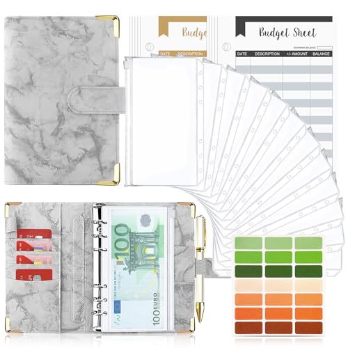 Budget Planner Budget Binder A6, Budgetplaner Geld Organizer mit Weiche PVC Tasche, TAOPE Leder Binder Notizbuch A6 Cash Stuffing, 6 Löcher Budget Planner, Haushaltsbuch mit Geldfächer Marmor Grau von TAOPE