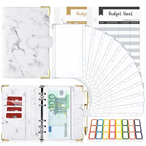 Budget Planner Budget Binder A6, Budgetplaner Geld Organizer mit Weiche PVC Tasche, TAOPE Leder Binder Notizbuch A6 Cash Stuffing, 6 Löcher Budget Planner, Haushaltsbuch mit Geldfächer Marmor Weiß von TAOPE