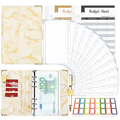 Budget Planner Budget Binder A6, Budgetplaner Geld Organizer mit Weiche PVC Tasche, TAOPE Leder Binder Notizbuch A6 Cash Stuffing, 6 Löcher Budget Planner, Haushaltsbuch mit Geldfächer Marmor Gelb von TAOPE