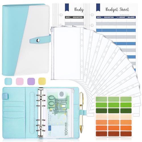 Budget Planner Budget Binder A6, Budgetplaner Geld Organizer mit Weiche PVC Tasche, TAOPE PU Leder Budget Binder Notizbuch A6 Cash Stuffing, 6 Löcher Budget Planner, Haushaltsbuch mit Geldfächer Blau von TAOPE