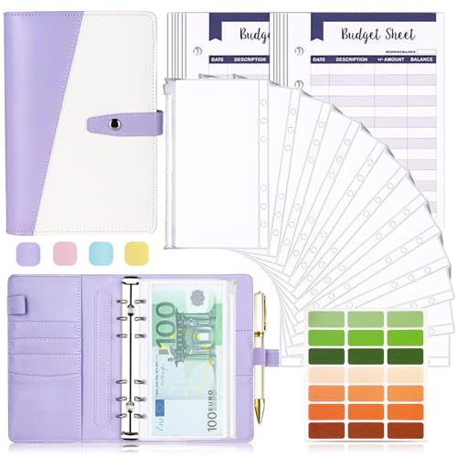 Budget Planner Budget Binder A6, Budgetplaner Geld Organizer mit Weiche PVC Tasche, TAOPE PU Leder Budget Binder Notizbuch A6 Cash Stuffing, 6 Löcher Budget Planner, Haushaltsbuch mit Geldfächer Lila von TAOPE