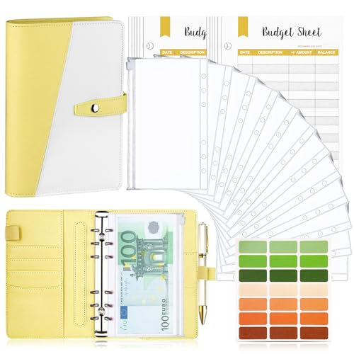 Budget Planner Budget Binder A6, Budgetplaner Geld Organizer mit Weiche PVC Tasche, TAOPE PU Leder Budget Binder Notizbuch A6 Cash Stuffing, 6 Löcher Budget Planner, Haushaltsbuch mit Geldfächer Gelb von TAOPE