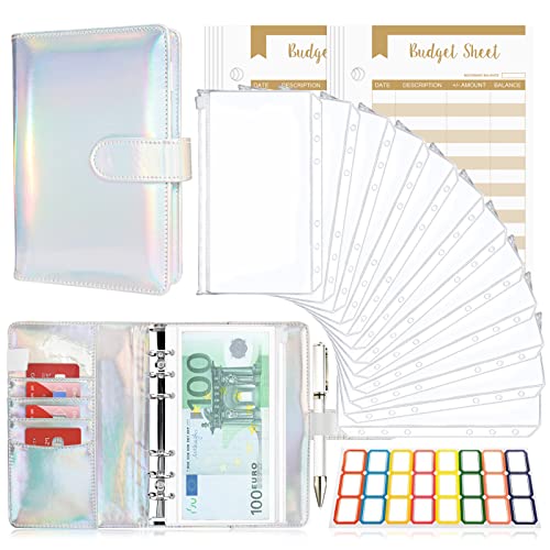 Budget Planner Budget Binder A6, Budgetplaner Geld Organizer mit Weiche Tasche, TAOPE Leder Budget Binder Notizbuch A6 Cash Stuffing, 6 Löcher Budget Planner, Haushaltsbuch mit Geldfächer Laser Silber von TAOPE