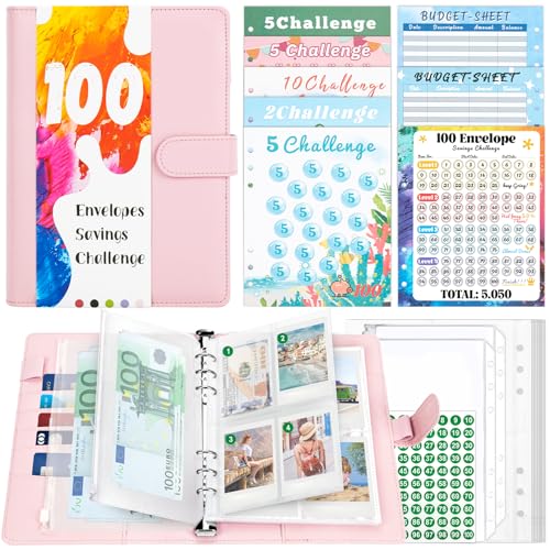 TAOPE A5 Binder mit Budget Planner Zubehör, A5 Ringbuch Kunstleder, Ringbuch A5 Nachfüllbar mit klaren Umschlägen Taschen, 100 Envelope Saving Challenge Einsätze, Rosa Budget Binder A5 Für Schule von TAOPE