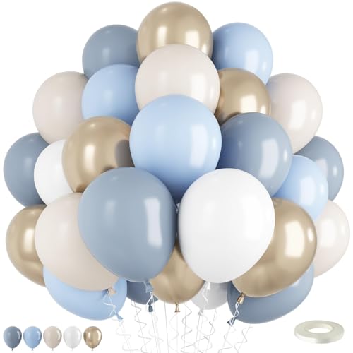 Luftballons Blau Beige Gold 60 Stück 12 Zoll Dusty Blau Hellblau Sand Weiß Luftballons mit Metallic Gold Latex Ballons für Junge Geburtstagsdeko Babyparty Hochzeit Boho Party Dekoration von TAOYE