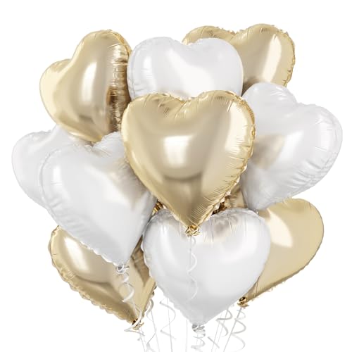 Gold Weiß Herz Folienballons, 18 Zoll 10 Stück Hell Gold und Weiß Herz Luftballons Pastell Gold Weiß Helium Herz Folien Ballons Party Dekoration für Geburtstag Valentinstag Baby Party Hochzeit von TAOYE