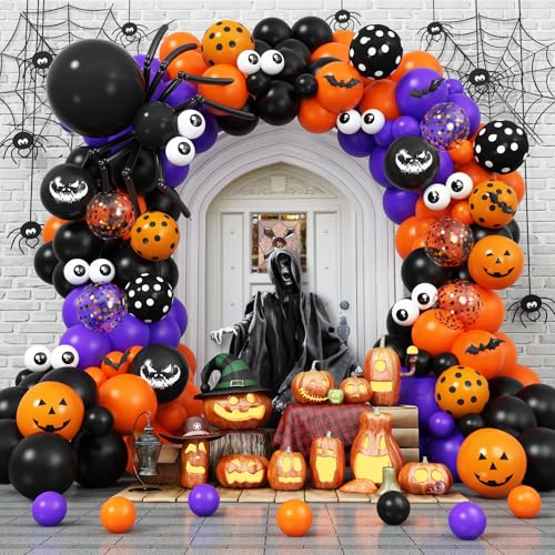 Halloween Luftballon Girlande, Schwarz Lila Orange Halloween Party Luftballon mit Schwarz Orange Tupfenmuster Ghostface Ballons, Halloween Ballon mit 3D Fledermaus Aufkleber fur Halloween Spinne Thema von TAOYE