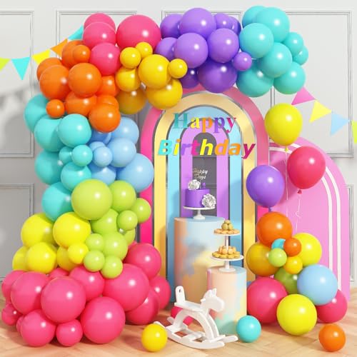 Luftballon Girlande Bunt, Regenbogen Neon Latex Ballons Girlande Mehrfarbiges Helium Ballongirlande Set für Karneval Kinder Geburtstag Sommer Hawaii Strand Party Dekoration von TAOYE