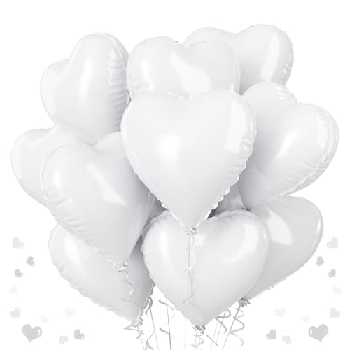 Weiß Herz Folienballons, 12 Stück Weiß Herz Helium Luftballons, 18 Zoll Weiß Herz Folienluftballon Party Dekoration für Hochzeit, Mädchen Geburtstag, Baby Party, Braut, Valentinstag von TAOYE