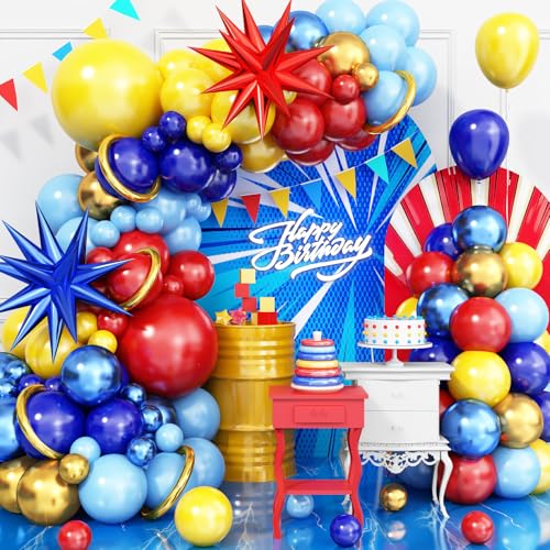 Rot Gelb Blau Luftballon Girlande, 120 Stück Bunt Zirkus Ballon Girlande, Rot Dunkelblau Metallic Gold Ballons mit Explosion Stern Foilenballons fur Karneval Thema Party Kinder Geburtstag Deko von TAOYE