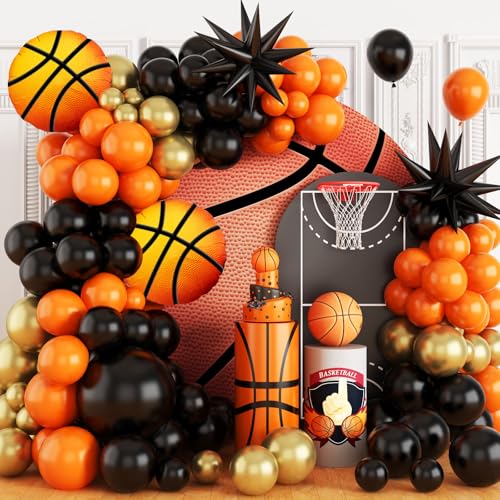 Luftballons Girlande Schwarz Orange, 108 Stück Basketball Luftballons Schwarz Orange Metallic Gold Latex Ballon mit Stern Folienballons 18 10 5 Zoll für Basketball Sport Thema Party Junge Geburtstag von TAOYE