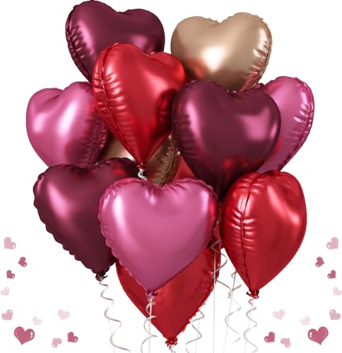 Wein Rot Herz Folienballons, 18 Zoll 12 Stück Burgund Rosa Herz Luftballons Rosegold und Rot Helium Herz Folien Ballons Party Dekoration für Geburtstag Hochzeit Valentinstag Jubiläum von TAOYE